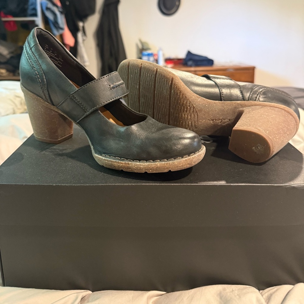 Clarks Black Leather Block Heels